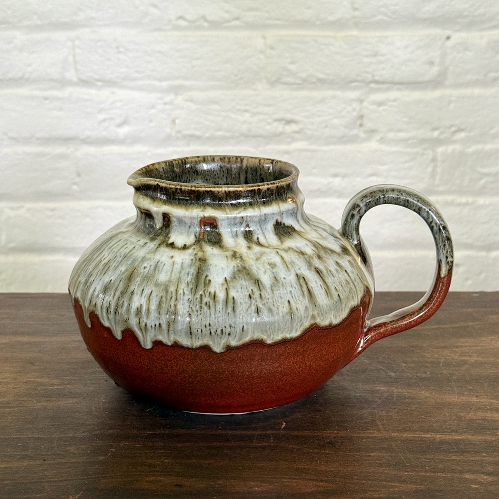 Signed Studio Pottery Pitcher Brown and Cream Drip Glaze